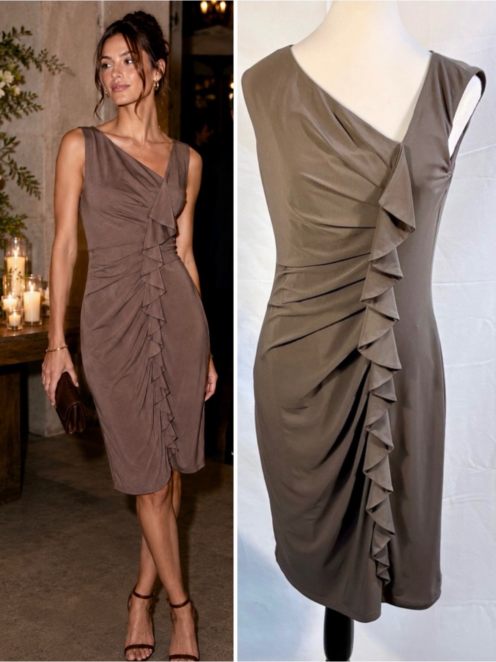 Suzi Chin for Maggy Boutique Ruched Ruffle Cocktail Sheath Dress Taupe Sz 6💛